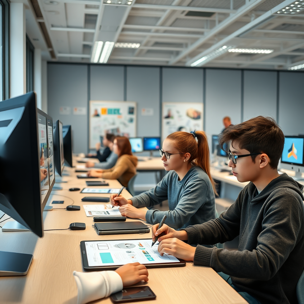 Estudiantes trabajando en proyectos de diseño gráfico en aulas modernas con computadoras y tabletas digitales