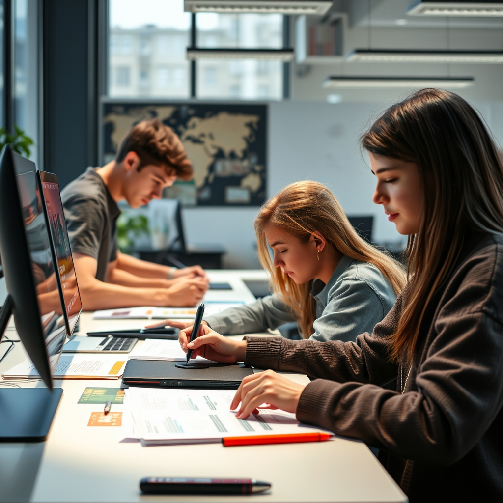 Estudiantes de diseño gráfico trabajando en proyectos creativos con herramientas digitales modernas