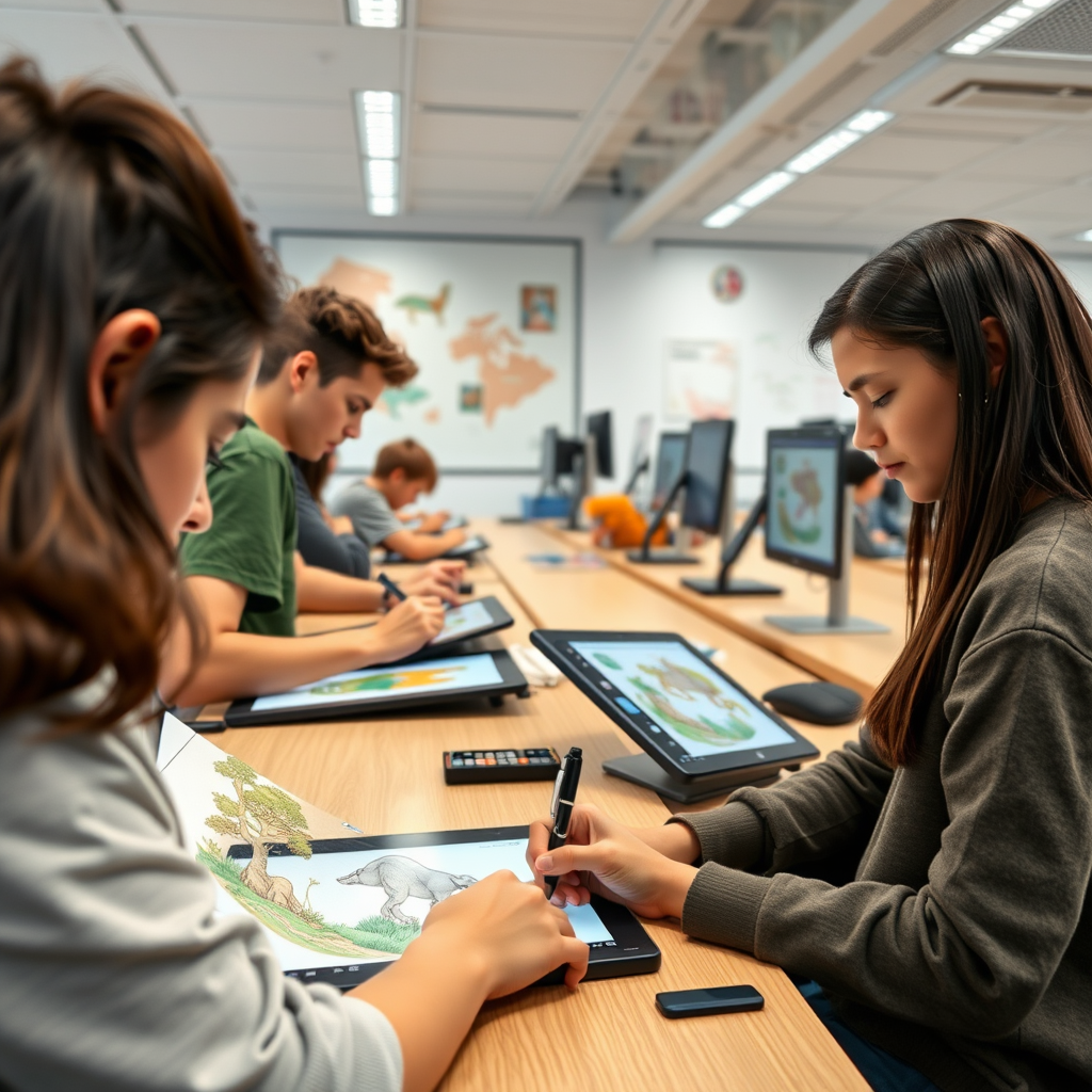 Estudiantes trabajando en ilustraciones digitales usando tabletas gráficas y software profesional en un aula moderna de diseño gráfico