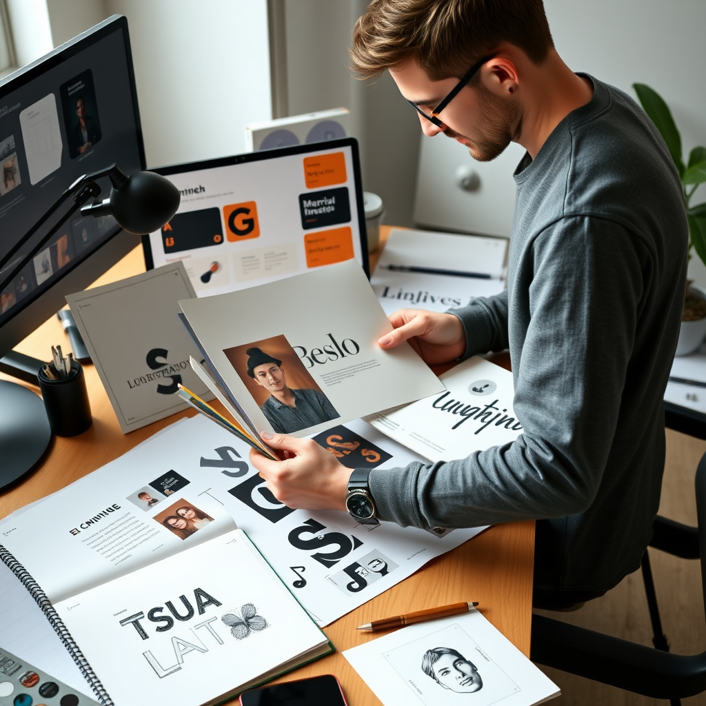 Diseñador gráfico organizando su portafolio profesional con proyectos de branding, tipografía e ilustración en un escritorio moderno con herramientas digitales