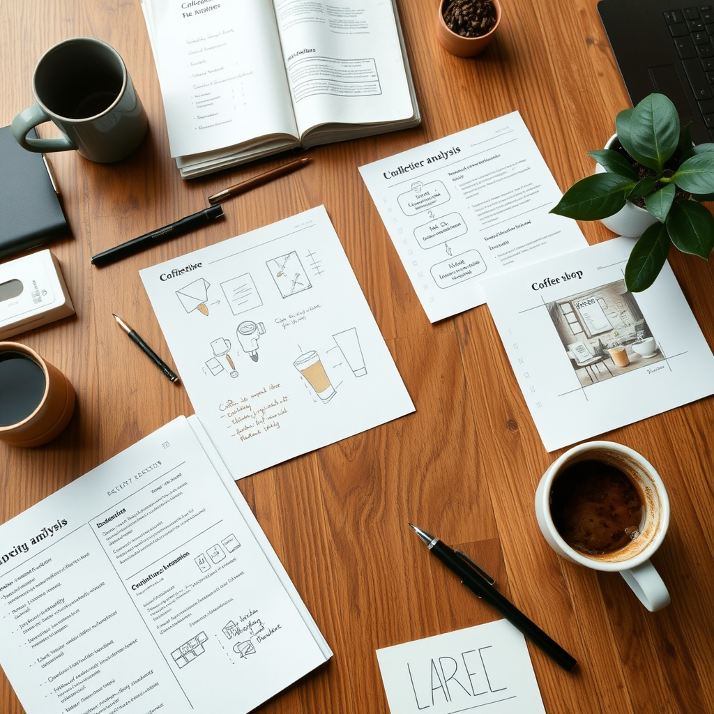 Mesa de trabajo con notas, bocetos y análisis de competencia para el desarrollo de marca de la cafetería