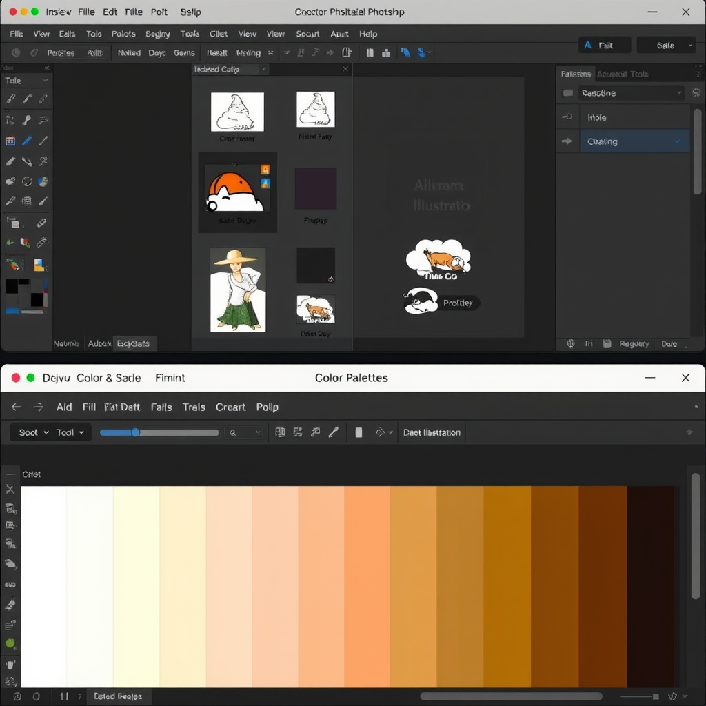 Interfaz de Adobe Illustrator y Photoshop mostrando herramientas de ilustración digital y paletas de colores profesionales