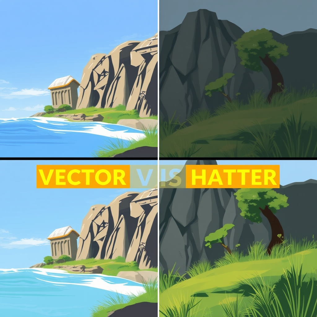 Técnicas de ilustración digital mostrando comparación entre gráficos vectoriales y raster, con ejemplos de Adobe Illustrator y Photoshop en talleres avanzados de diseño gráfico