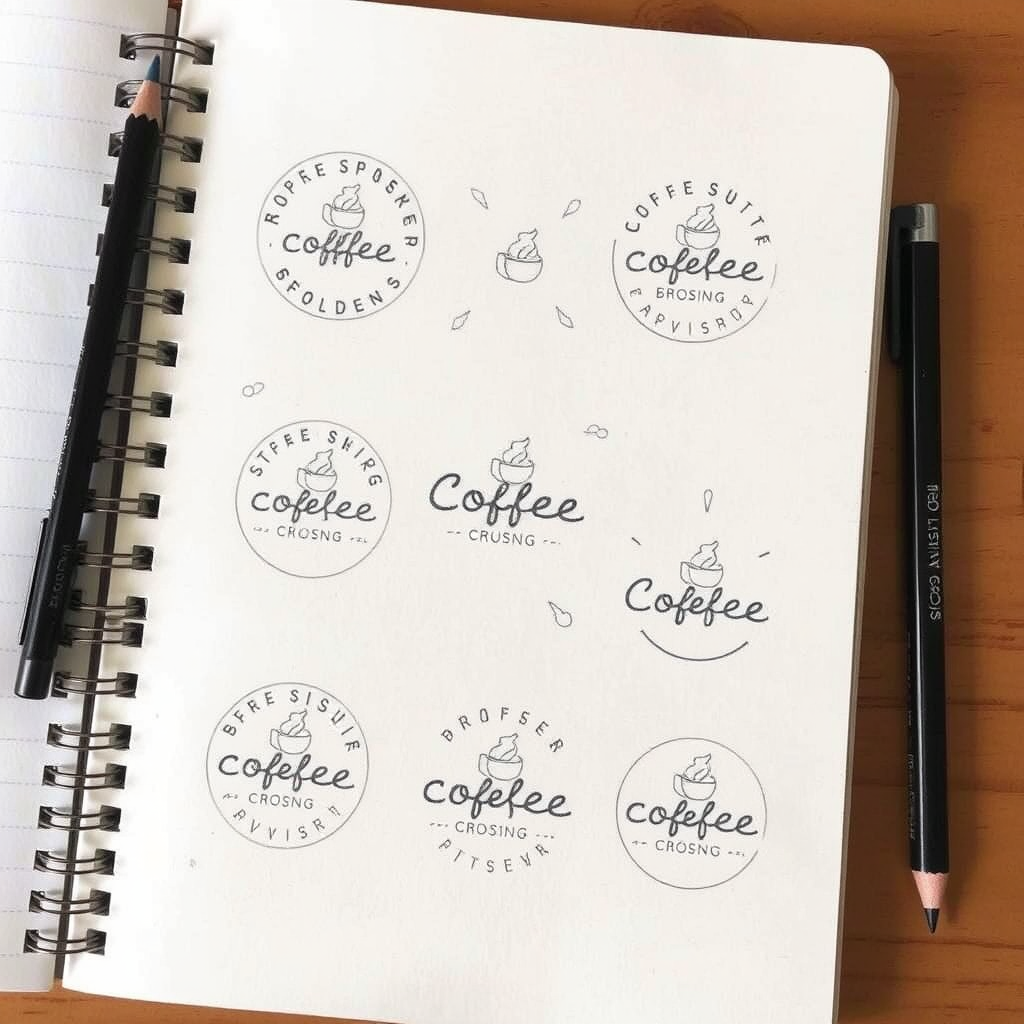 Página de cuaderno con múltiples bocetos a lápiz de diferentes conceptos de logo para la cafetería
