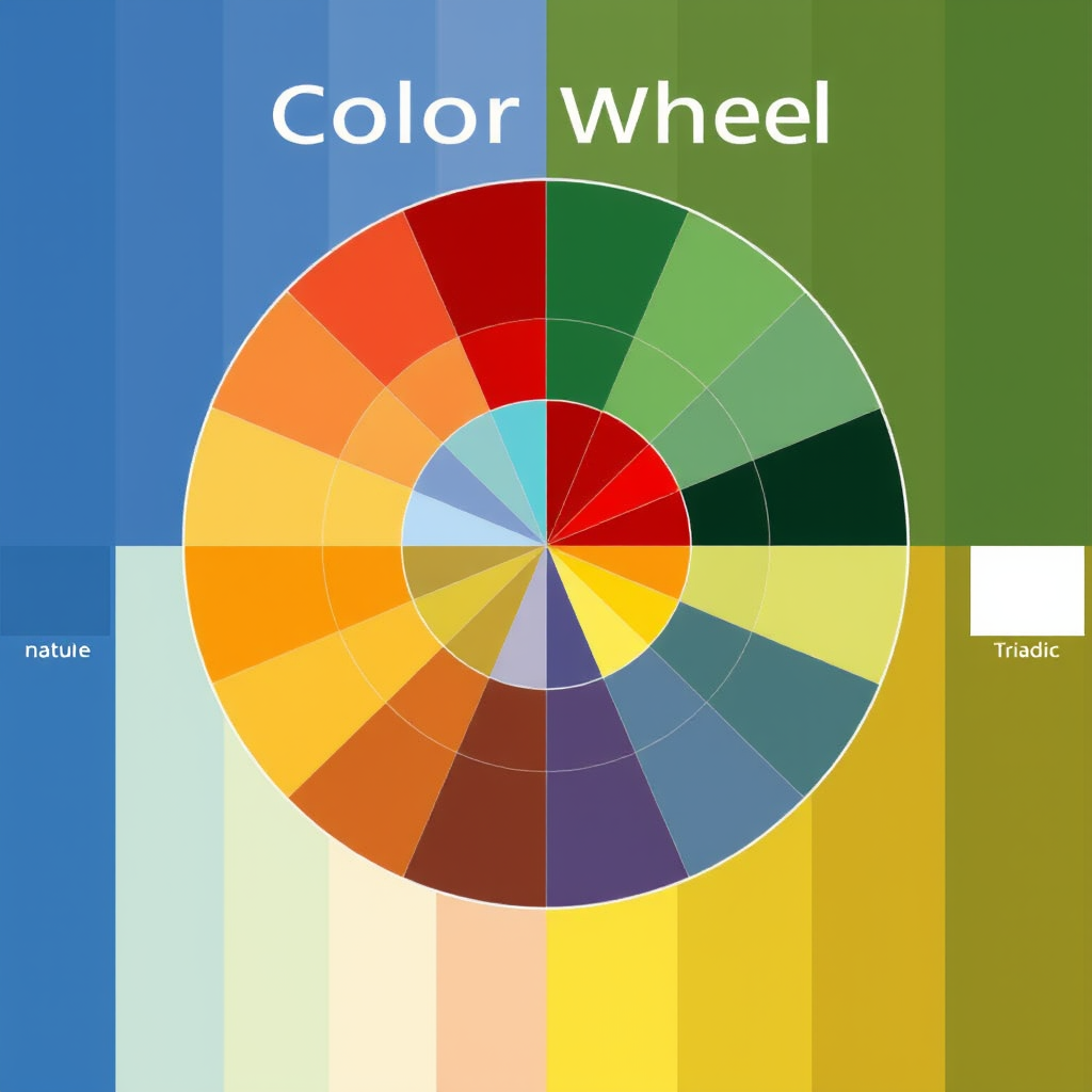 Rueda de colores digital mostrando esquemas de colores complementarios, análogos y triádicos con ejemplos de aplicación en ilustraciones