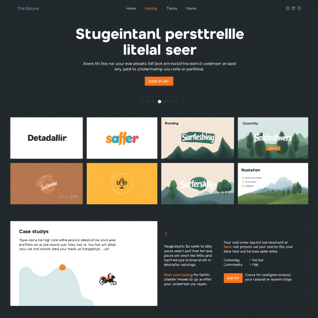 Portafolio digital exitoso de diseñador gráfico mostrando proyectos de branding, ilustración y tipografía con casos de estudio detallados y presentación profesional