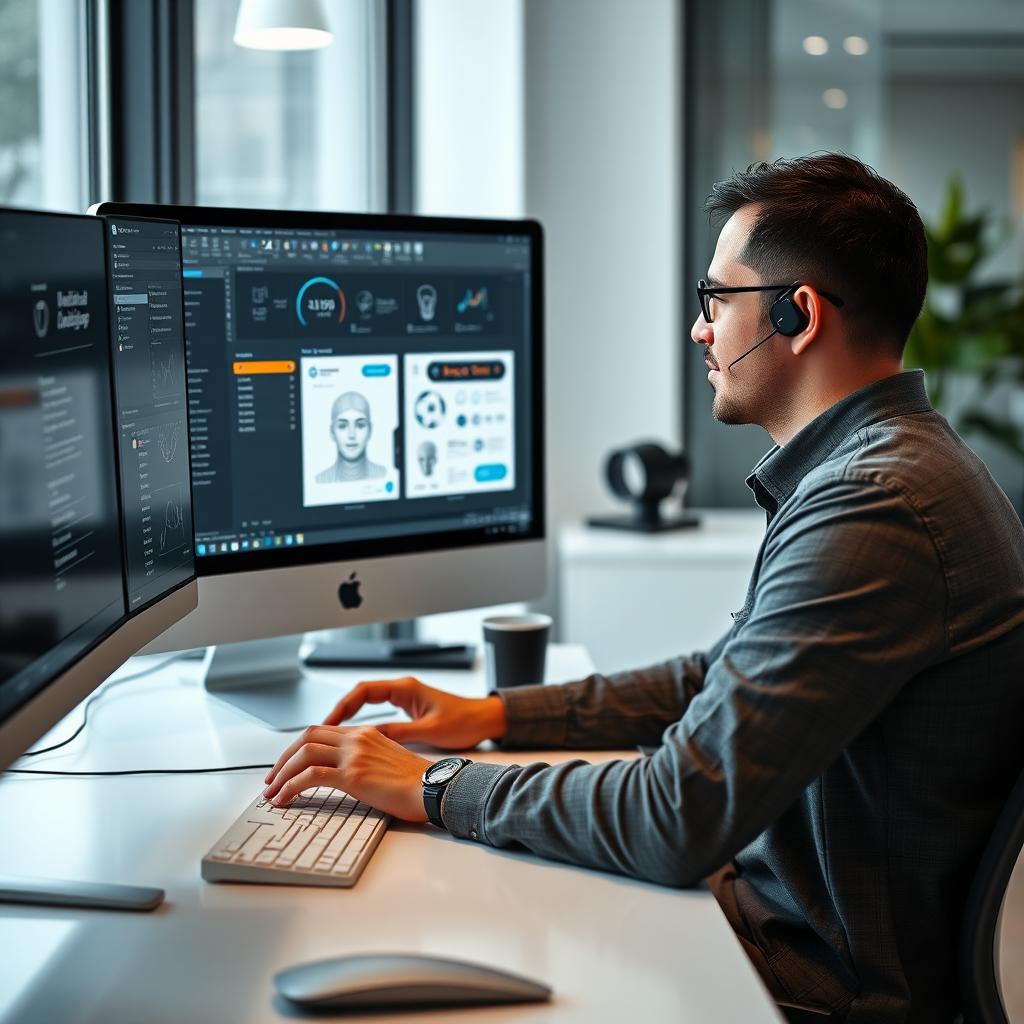 Diseñador gráfico argentino utilizando herramientas de inteligencia artificial en su computadora, pantalla mostrando interfaces de software de diseño con funciones de IA activadas, ambiente de trabajo moderno
