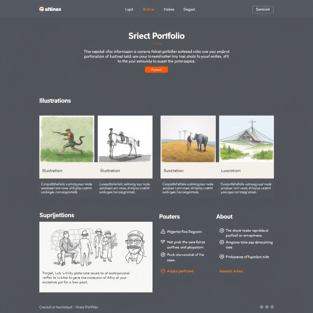 Diseño de portafolio digital mostrando ilustraciones organizadas profesionalmente con descripciones de proyectos y información técnica