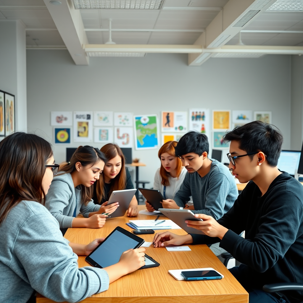 Grupo de estudiantes argentinos de diseño gráfico trabajando colaborativamente en un proyecto, utilizando tablets digitales y computadoras, ambiente de aula moderna con trabajos creativos en las paredes