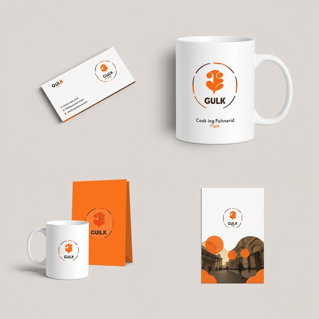 Mockup mostrando la aplicación final de la identidad de marca en tarjetas de visita, tazas de café, señalización y material promocional