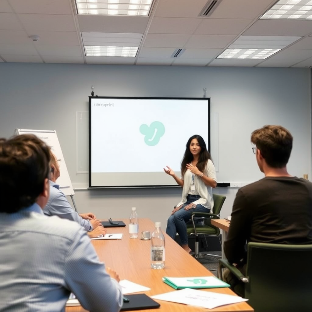 María presentando su proyecto final de identidad de marca ante un panel de profesores y mentores en el aula de Microprintsvpc